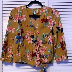 Japna Mustard Floral Bottom Button and Tie Wrap Blouse